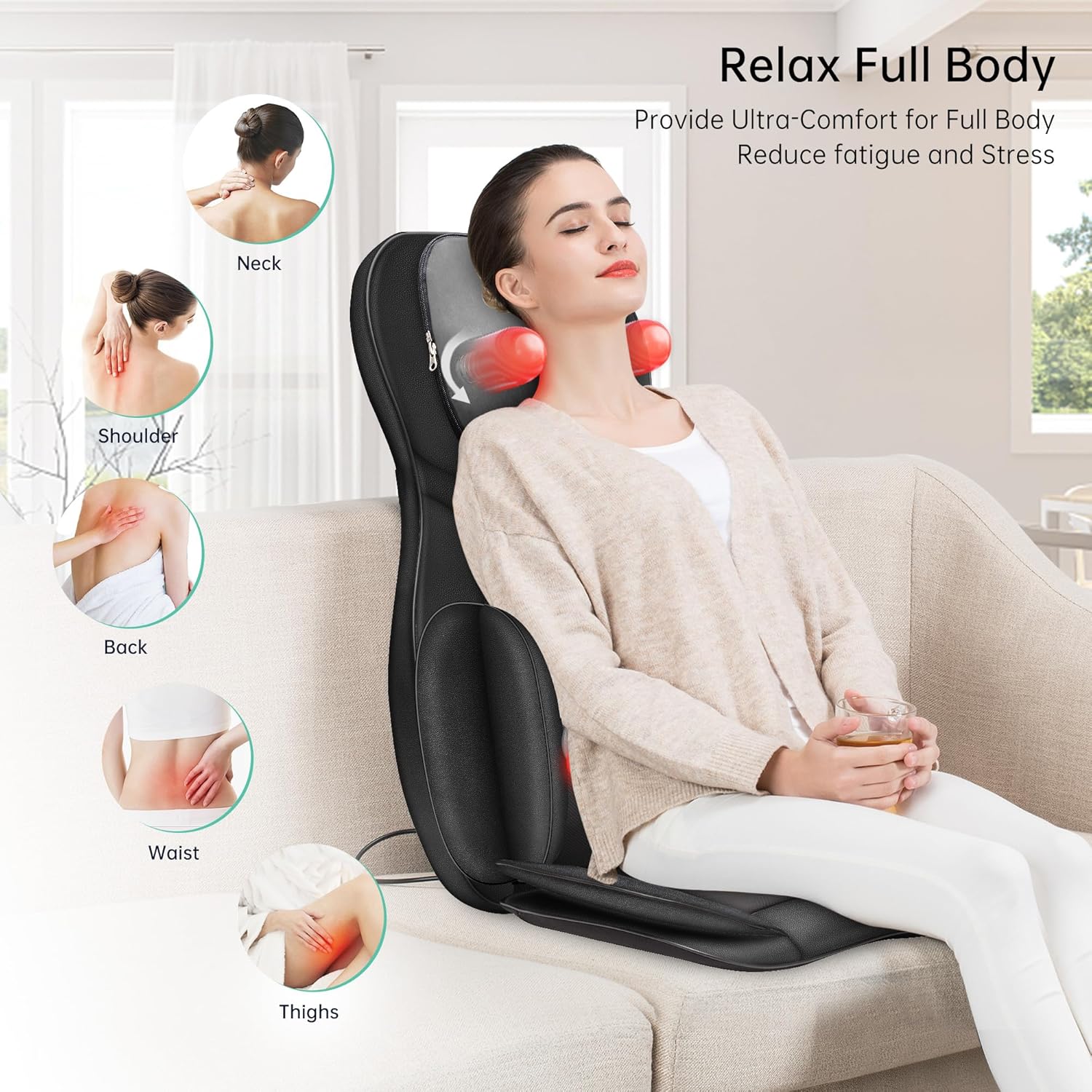 Snailax Full Body Neck & Back Massager with Heat & Compression, Shiatsu Kneading, Portable Massage Chair Pad, Black