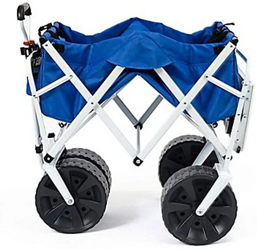 MacSports All Terrain Beach Wagon with Side Table|Heavy Duty Collapsible Folding Cart with Large Wheels for Beach Day, Picnic, Camping, Outdoor Activities | Blue/White