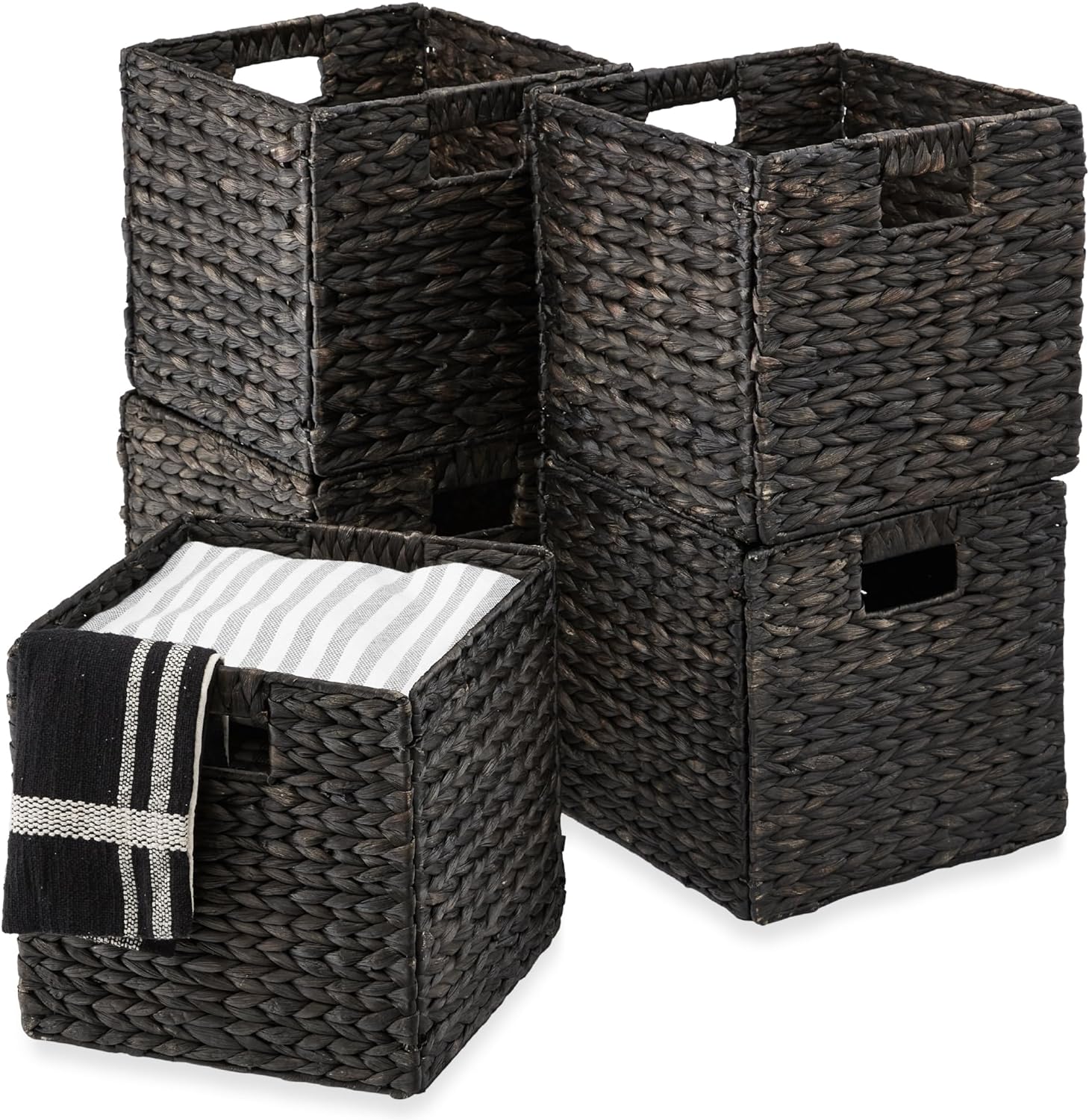 Best Choice Products 10.5x10.5in Hyacinth Baskets, Rustic Set Of 5 Multipurpose Collapsible Storage Organizer, Handwoven Laundry Totes for Bedroom, Living Room, Shelves - Black