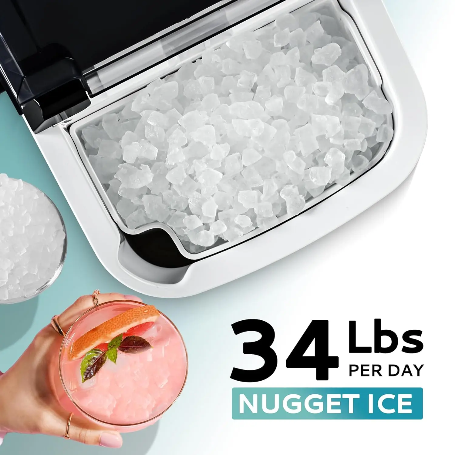 EUHOMY Nugget Ice Maker Countertop with Handle, Ready in 6 Mins, 34lbs/24H, Removable Top Cover, Auto-Cleaning, Portable Sonic Ice Maker with Basket and Scoop, for Home/Party/RV/Camping. (Black)