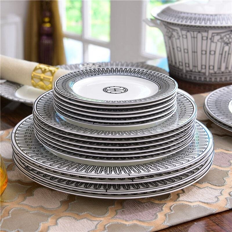 Elegant Tableware 58-Piece Bone China Dinnerware Set, Black Striped, Under Glazed, for Home & Restaurant Use