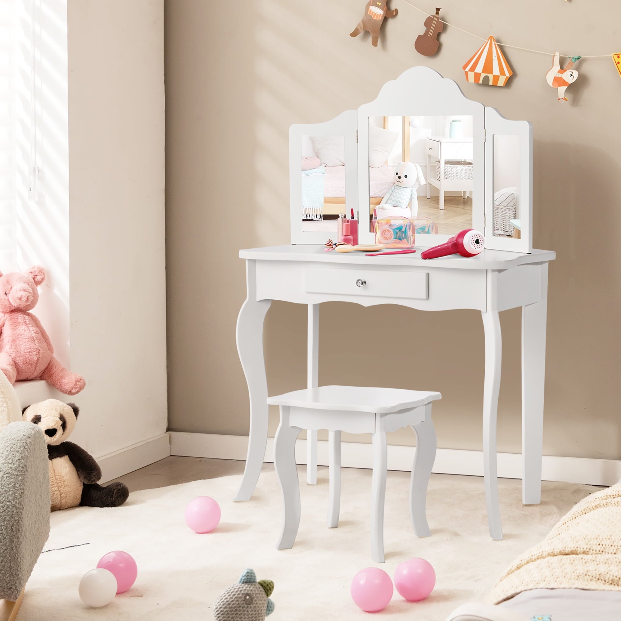 Costway Vanity Table Set Makeup Dressing Table Kids Stool Mirror White