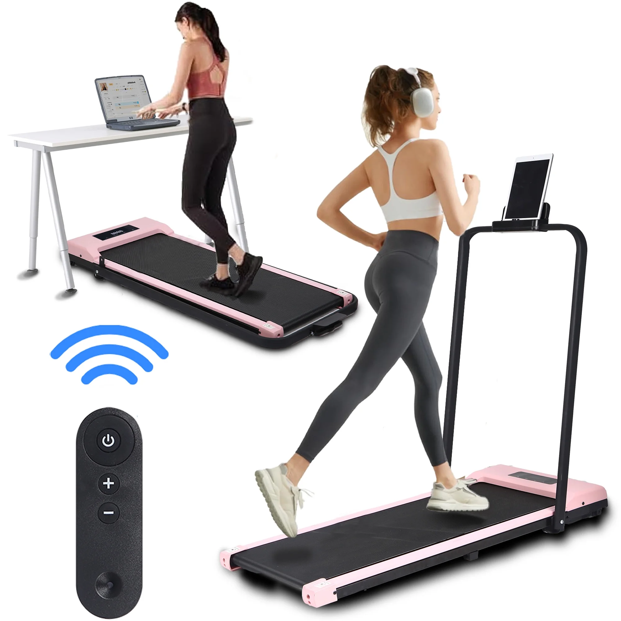 Tertran 2-in-1 Under-Desk Treadmill, 3.0HP, Ultra Quiet, No Assembly, LCD Display, Remote Control, 220 Lb Capacity, Pink – Compact for Office & Home Fitness
