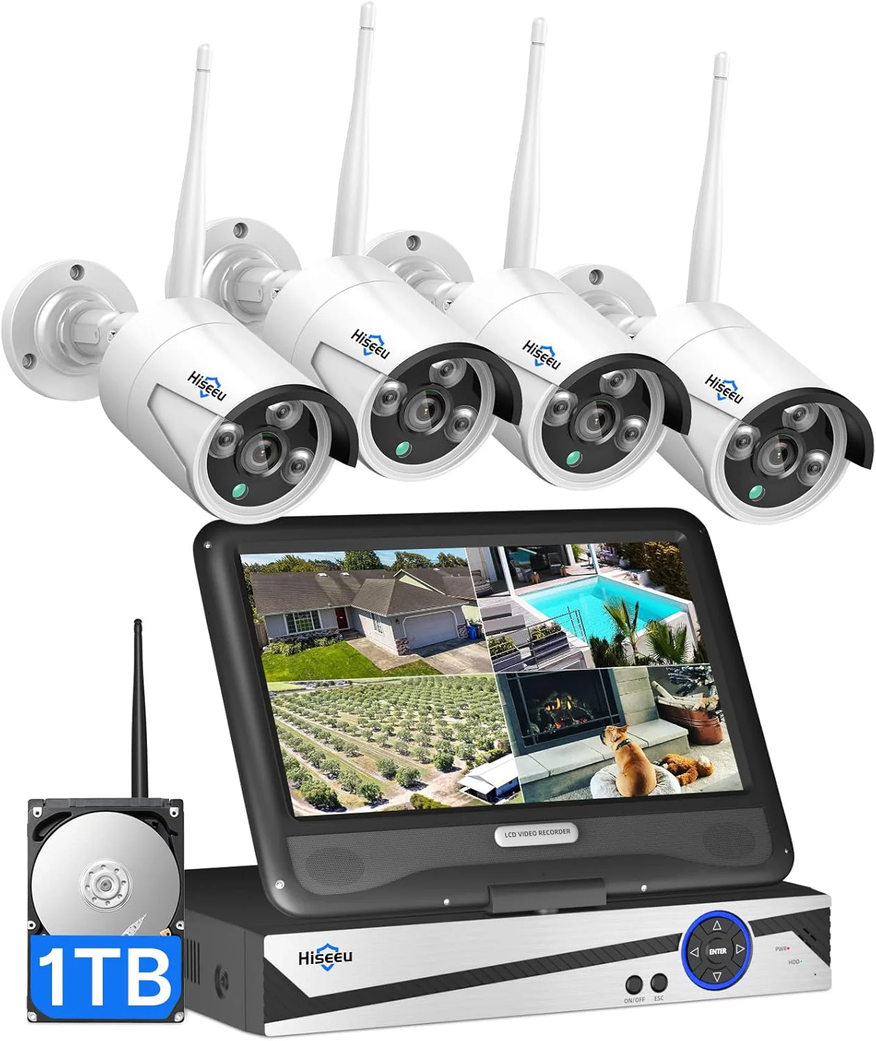 【Wireless Pro,Plug & Play】 Hiseeu 2.5K 5MP WiFi Security Camera System Outdoor,Expandable 16CH 8MP NVR, 1TB HDD,Spotlight,2 Way Audio, IP66 Waterproof, Motion Alert, DC Power Plug-in, 24/7 Recording