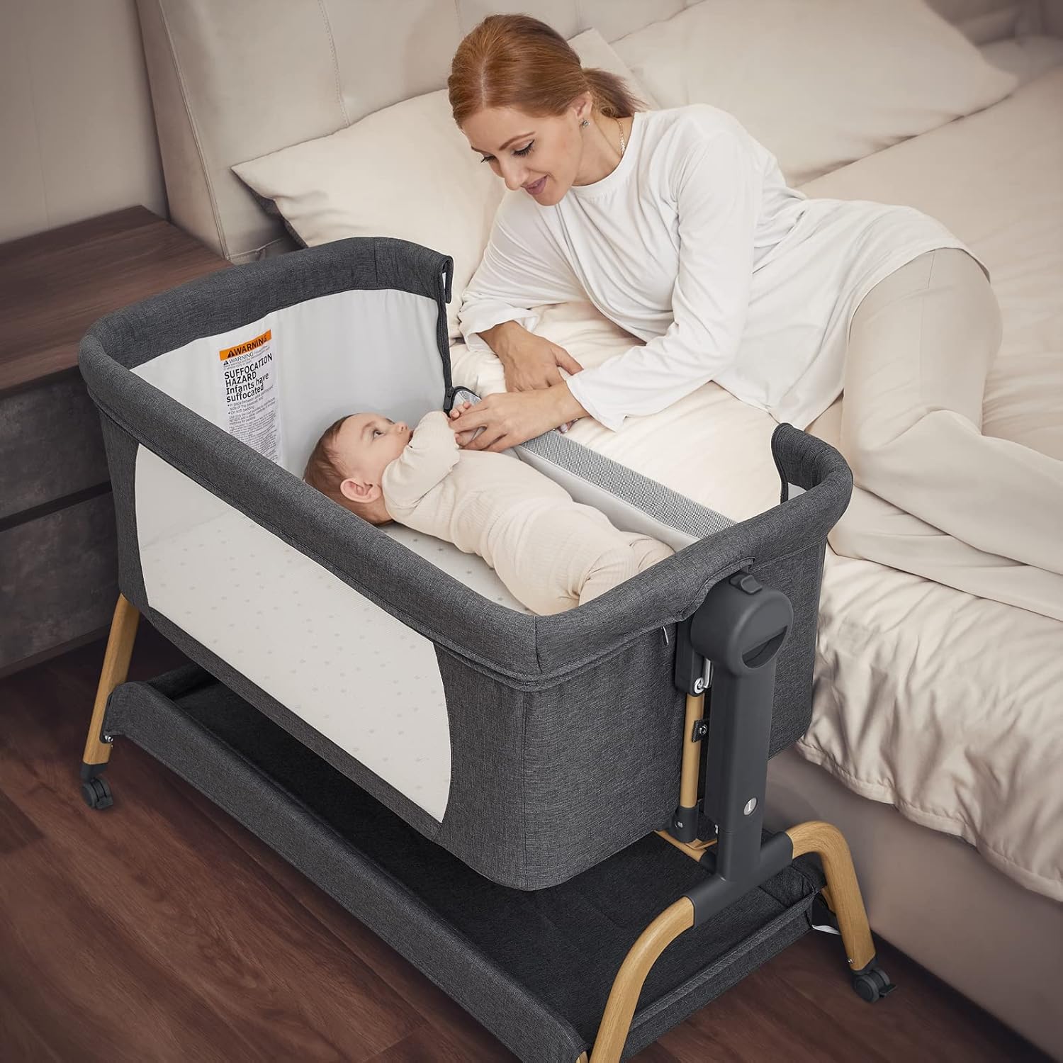 ANGELBLISS 3-in-1 Baby Bassinet, Adjustable Bedside Sleeper with Mattress & Wheels, Dark Grey