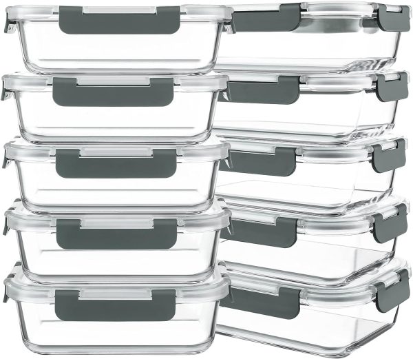 10 Packs 30 oz Glass Meal Prep Containers,Glass Food Storage Containers with Lids,Airtight Glass Lunch Bento Boxes,Microwave,Freezer and Dishwasher,Gray