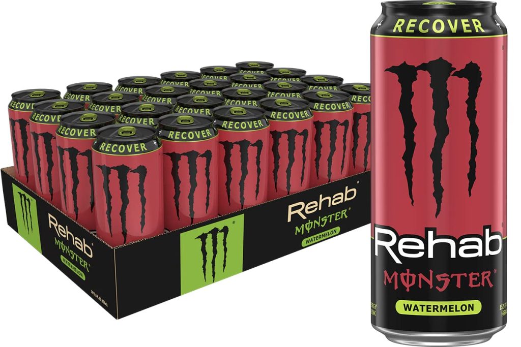 Monster Energy Rehab Watermelon Drink, 15.5oz, 24-Pack, Hydrating Electrolytes & Vitamins, 150mg Caffeine