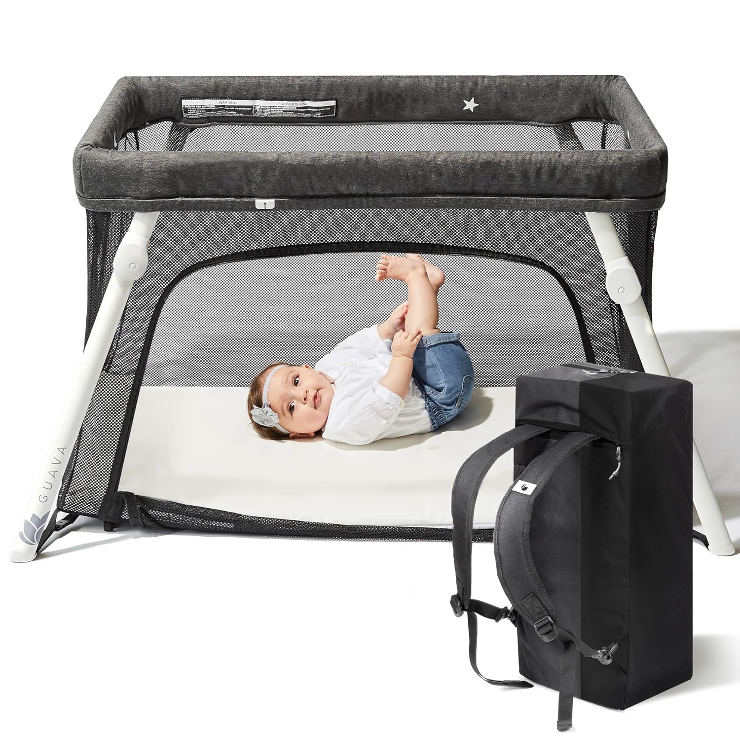 Lotus Travel Crib – Lightweight Aluminum Portable Play Yard with Backpack, Safe for Infants, Easy Fold, Includes Mattress, Grey/Black/White