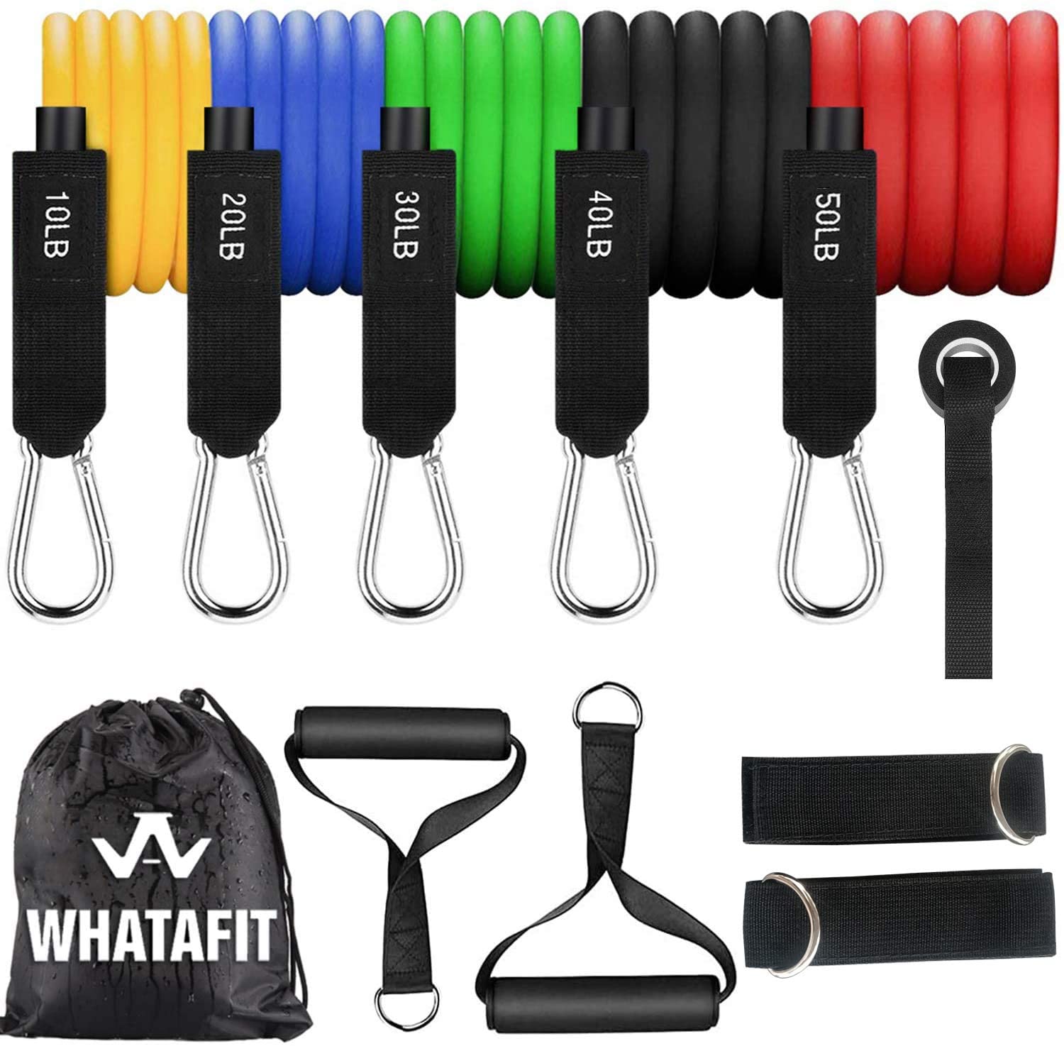 Whatafit Resistance Bands Set – 100% Natural Latex, Adjustable 10-150 lbs, Home Gym Kit with Door Anchor & Handles, Portable Fitness Equipment