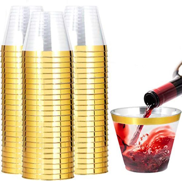100000 200 Pack Gold Plastic Cups, 9 Oz Elegant Clear Plastic Cups Gold Rimmed Disposable Wine Glasses Fancy Disposable Party Cups Wedding Cups Drinking Tumblers Plastic Cocktail Glasses with Gold Rim