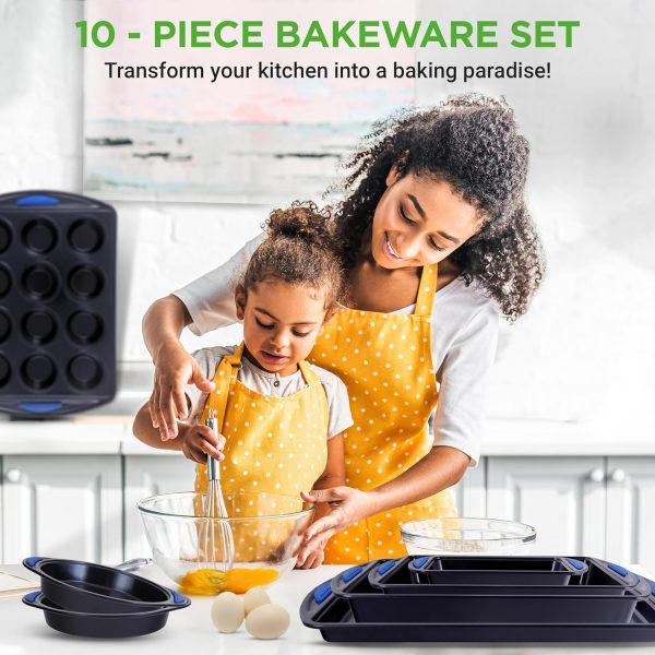 10-Piece Nonstick Bakeware Set Heavy Duty Carbon Steel Baking Trays w/Silicone Handles Includes Cookie Sheets, 12-Cup Muffin Pan, Pizza Loaf Pan, Round Square Pans Easy to Clean
