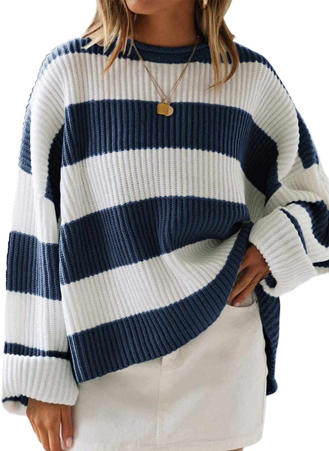 Women’s Long Sleeve Crew Neck Striped Color Block Comfy Loose Oversized Knitted Pullover Sweater