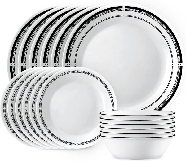 18-Piece Round Dinnerware Set, Service for 6, Lightweight Round Plates and Bowls Set, Vitrelle Triple Layer Glass, Chip and Scratch Resistant, Microwave and Dishwasher Safe, Brasserie
