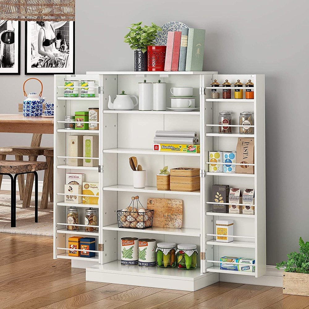Homefort 41′′ Farmhouse Kitchen Pantry Cabinet, White Storage Unit with Adjustable Shelves and Door Pockets