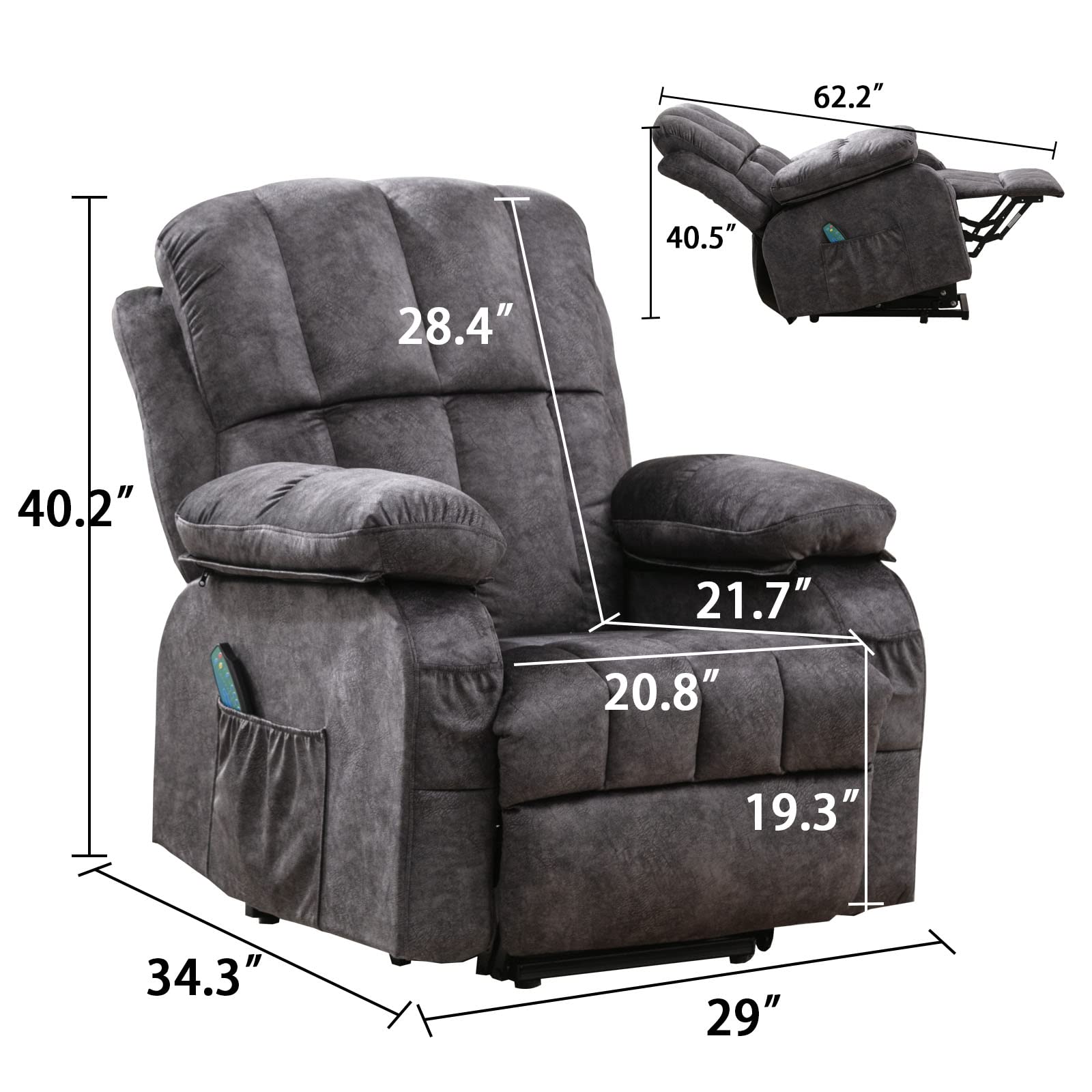 VON RACER Power Lift Recliner Chair with Heat & Massage, USB Port, Side Pockets, Remote Control, Adjustable Reclining for Elderly, Supports 350lb