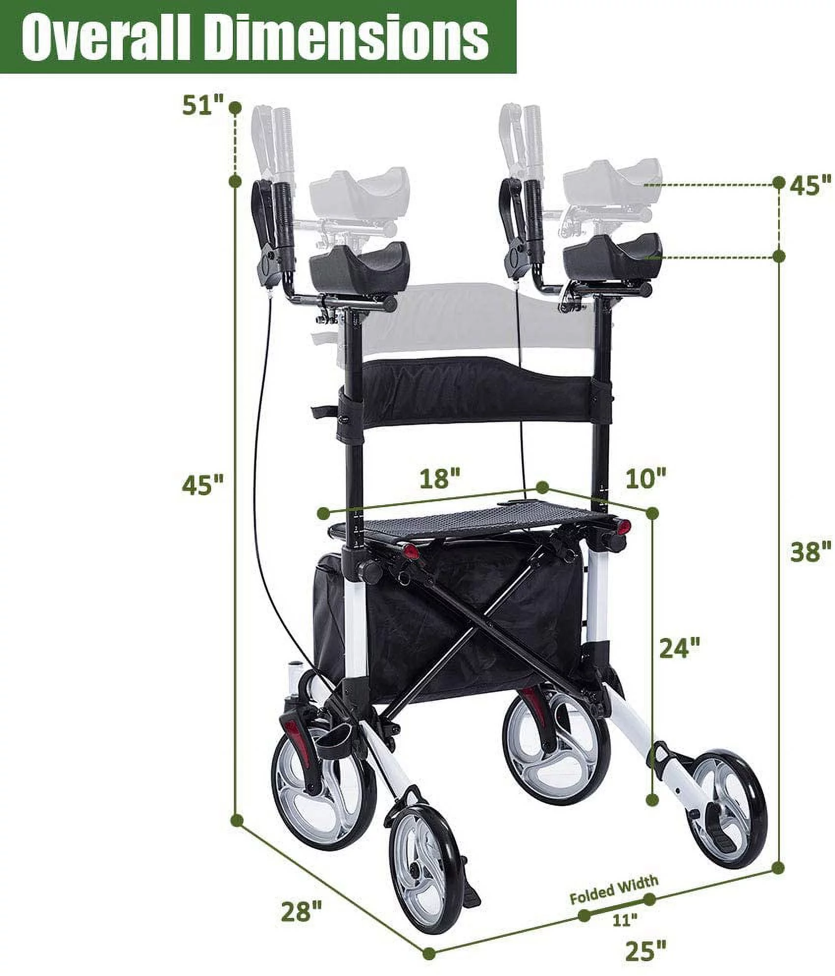 BEYOUR WALKER Upright Walker, 10′′ Wheels, Adjustable Armrest, Foldable Rollator for Seniors, White