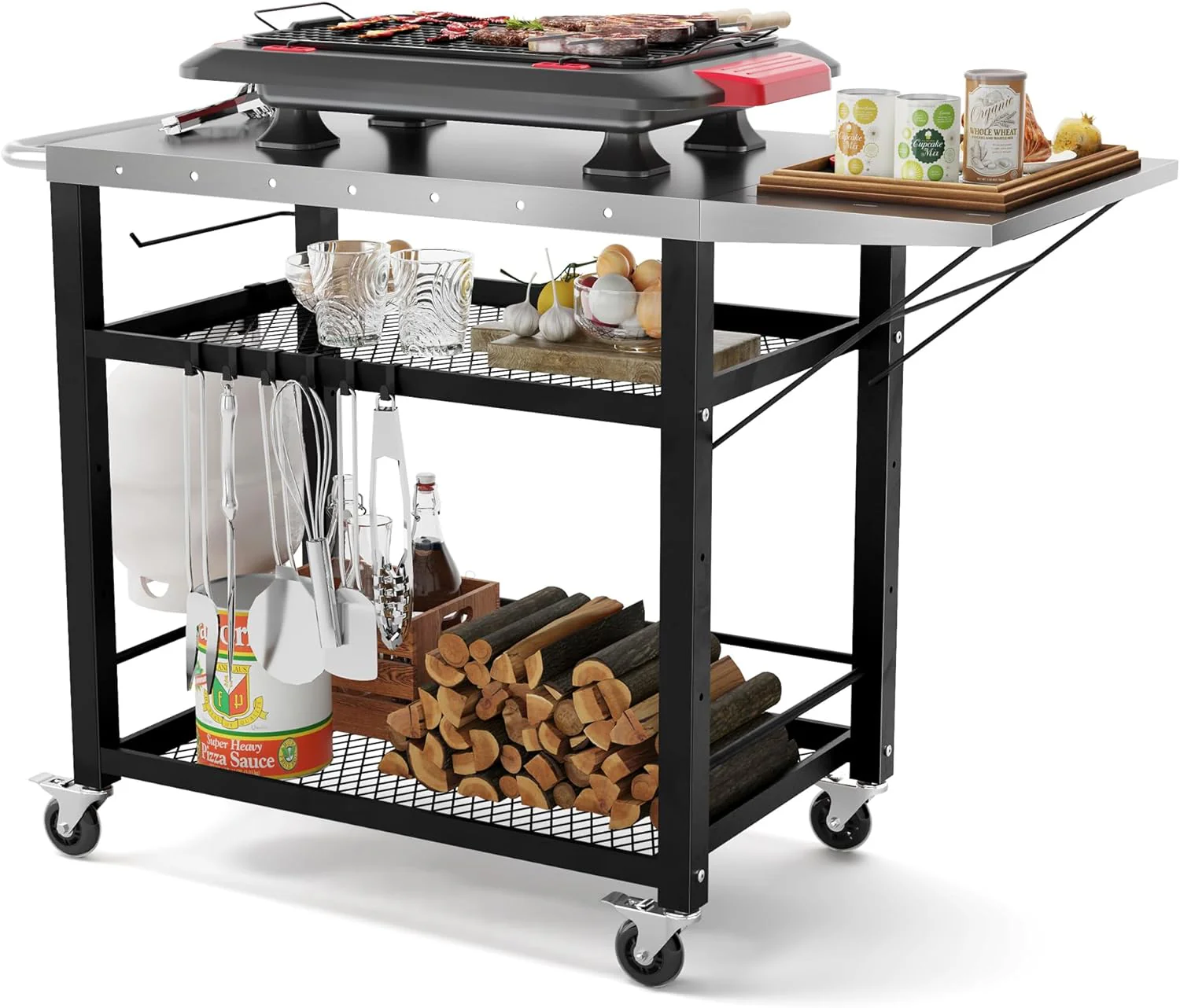 Outdoor Grill Cart Table - Foldable Side Table, Portable Pizza Oven Stand