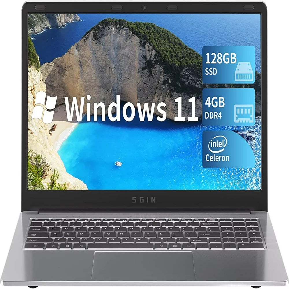 SGIN M15 15.6′′ Laptop, Full HD, 4GB RAM, 128GB SSD, Quad-Core Intel Celeron, Windows 11