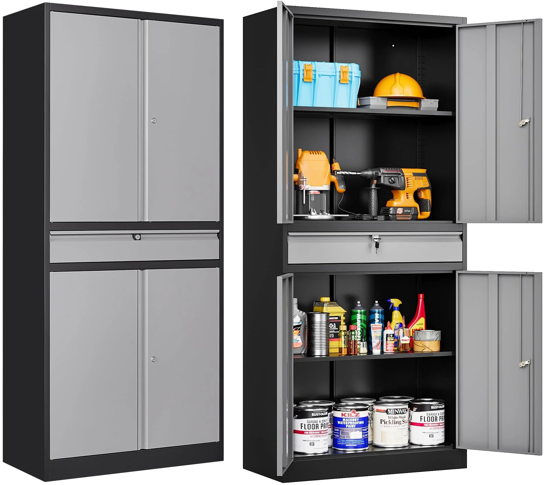 Metal Garage Storage Cabinet with Doors and Shelves,Metal Storage Cabinet with Lock and Drawer,Metal Cabinet with Locking Doors,4 Door Steel Cabinet,71