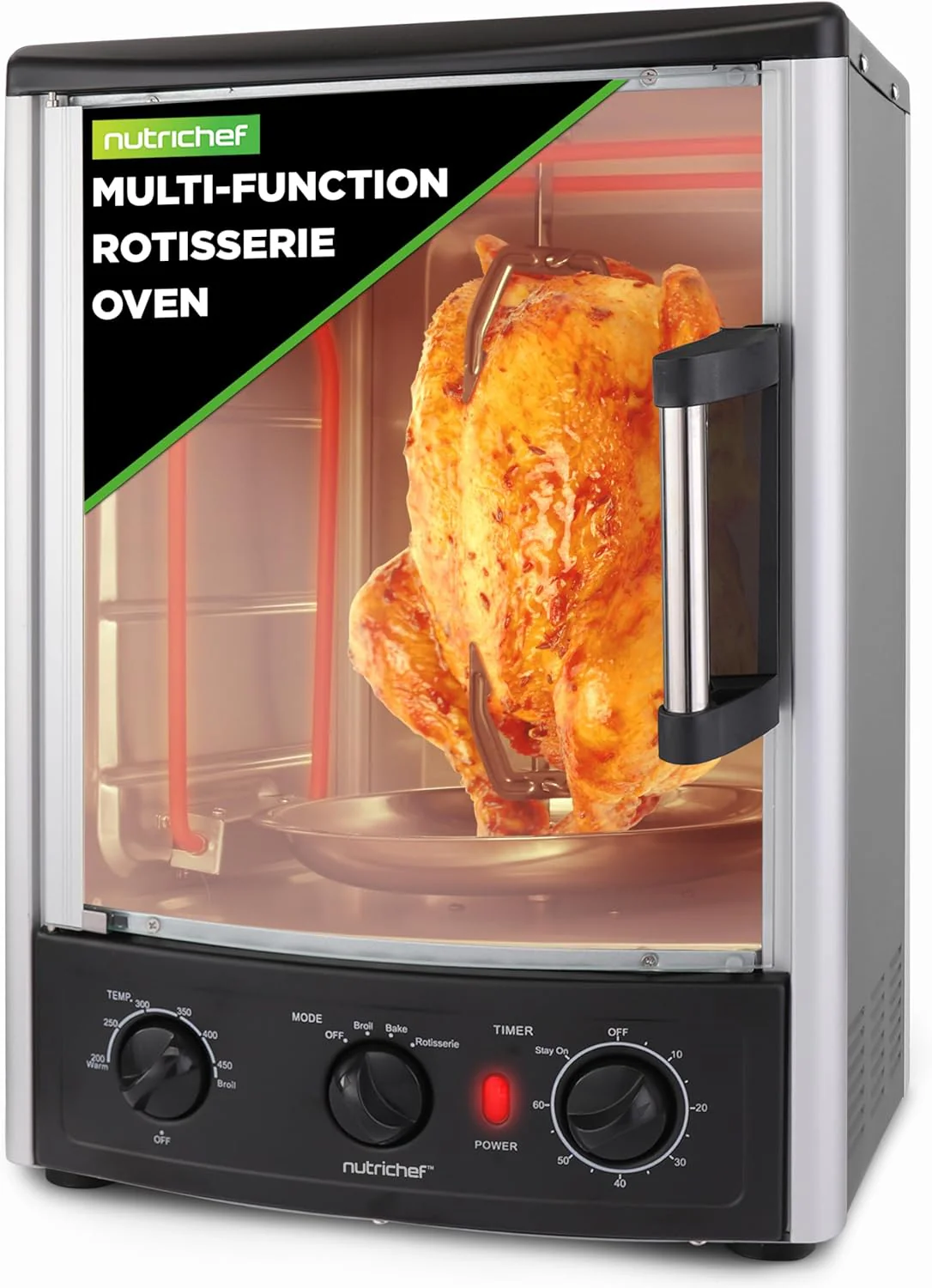 Nutrichef Vertical Countertop Oven with Rotisserie, Bake, Broil, & Kebab Rack Functions - Adjustable Settings - 2 Shelves - 1500W - Thanksgiving Turkey - Includes Grill, Kebab skewer racks & bake pan