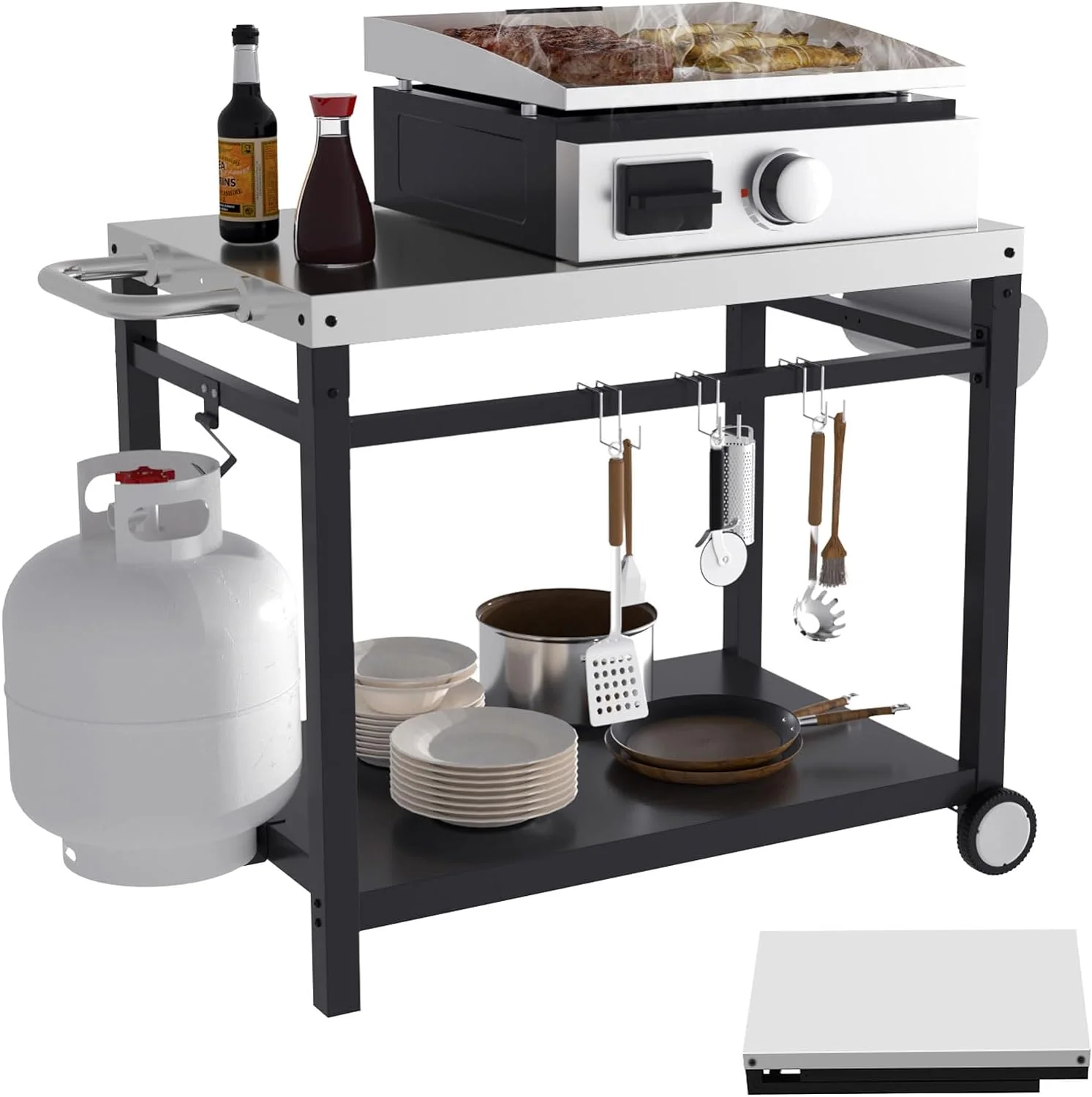 Large Foldable BBQ Grill Cart with Wheels - Stainless Steel Outdoor Dining Table
