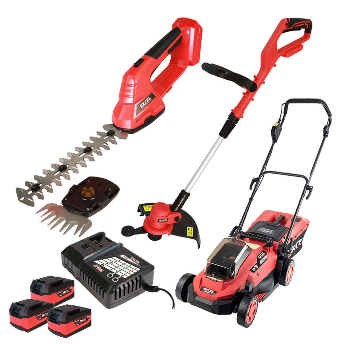 Excel 18V Garden Power Tool Set: Grass Trimmer, Hedge Trimmer & Lawn Mower with 3x 5.0Ah Batteries & Charger