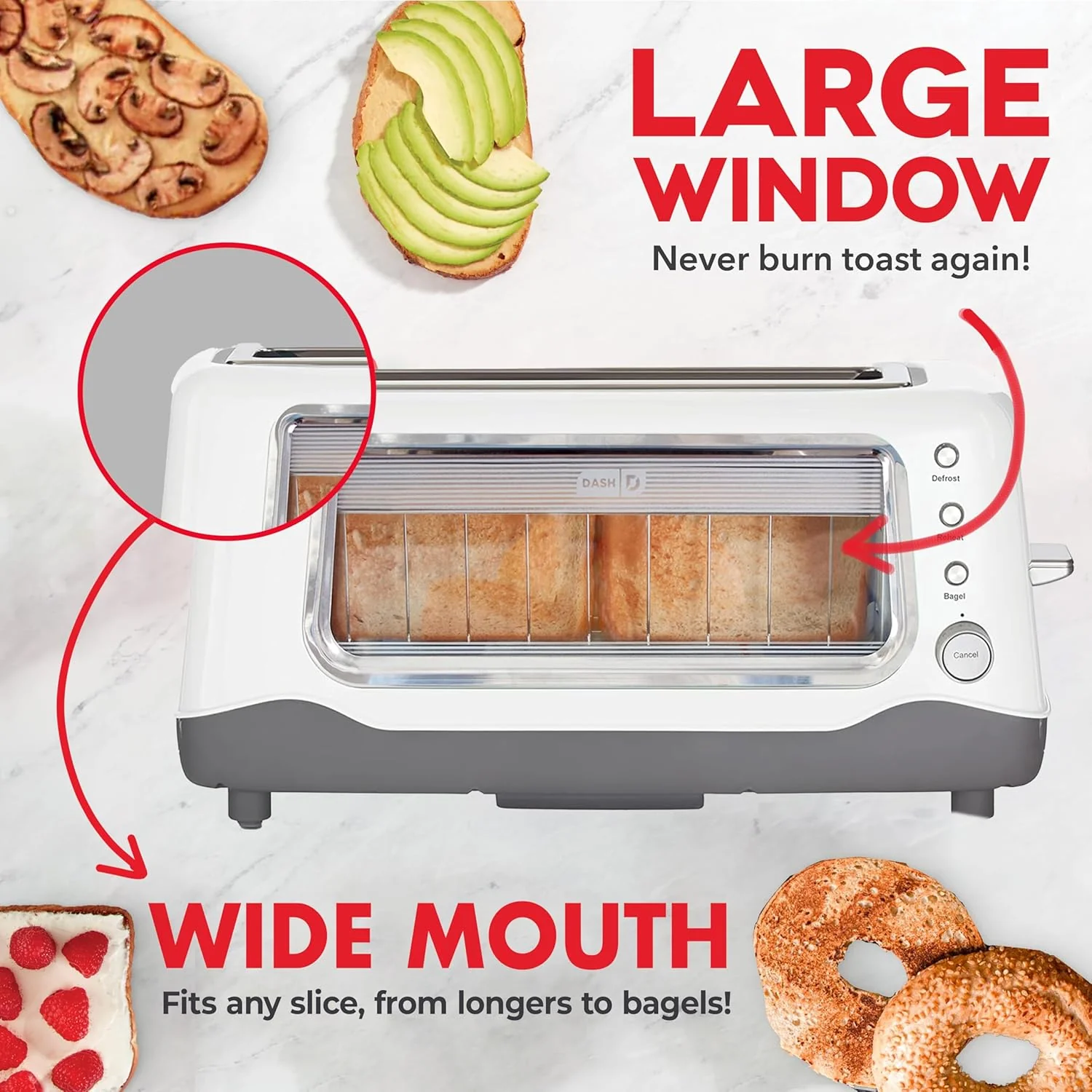 DASH Clear View Toaster - Compact Design with 7 Browning Levels & Clear-View Window, Extra-Wide Slot Large Toaster, 1-Touch Defrost, Reheat & Bagel Functions - Easy Clean Up Crumb Tray (White)