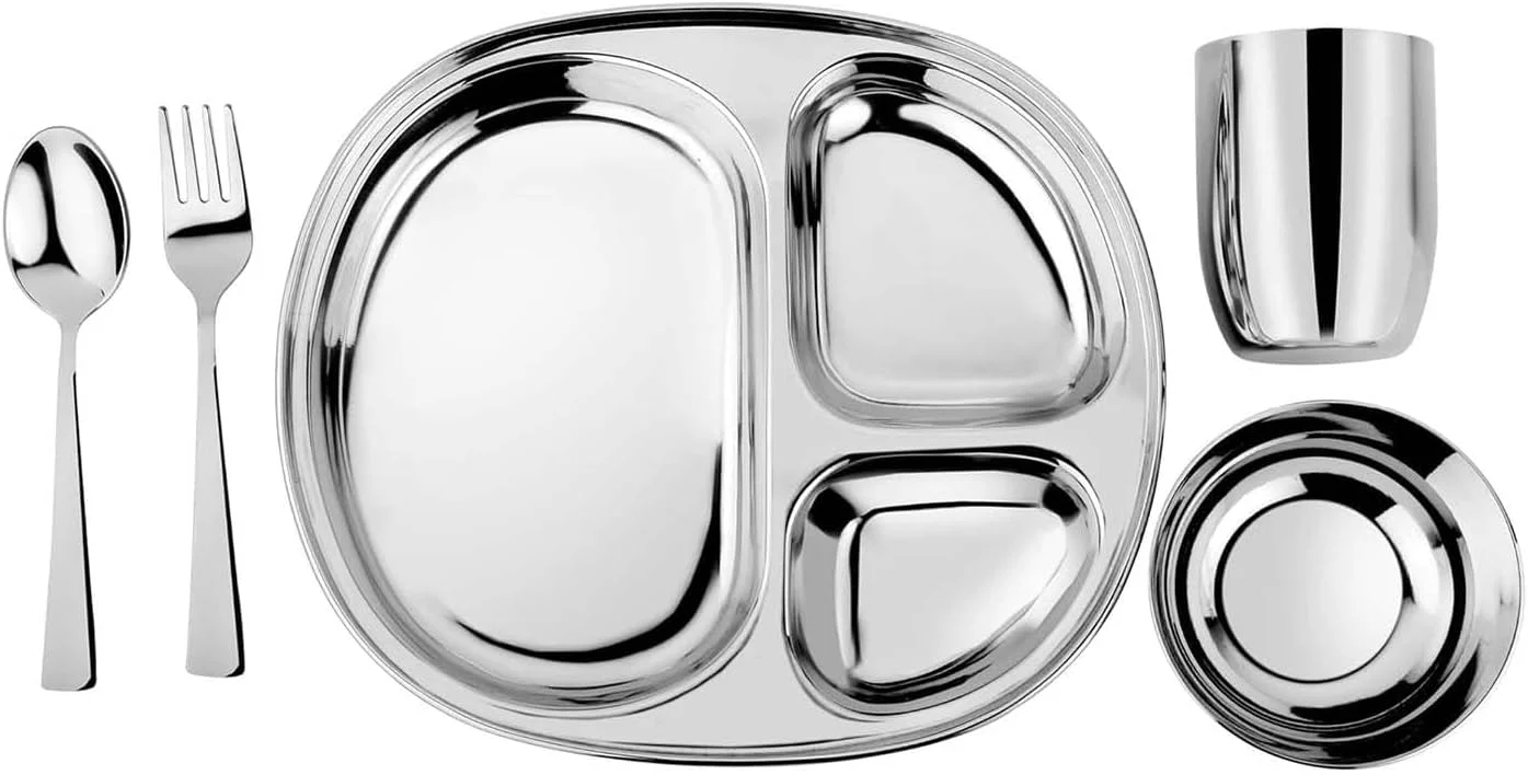 Ahimsa Kids and Toddler Plate and Bowl Set | Pediatrician Designed - Mindful Mealtime 5 Piece Stainless Steel Dish Set | Includes Divided Plate, Utensils, Cup, Bowl | 100% BPA Free (Iridescent Blue)