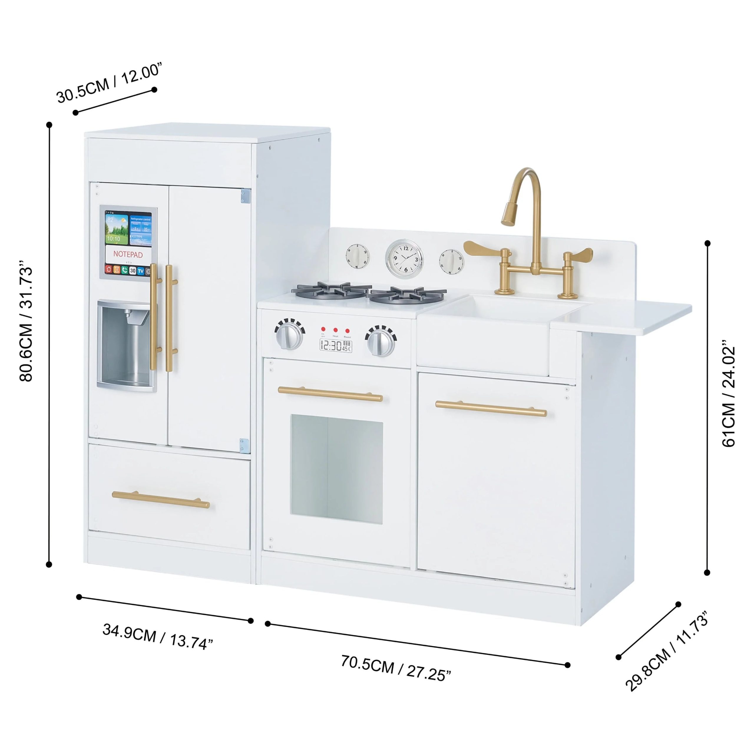 Teamson Kids Little Chef Charlotte Modern Play Kitchen with Free-Standing Refrigerator, Separate Kitchenette Unit, & Interactive Features, White/Gold