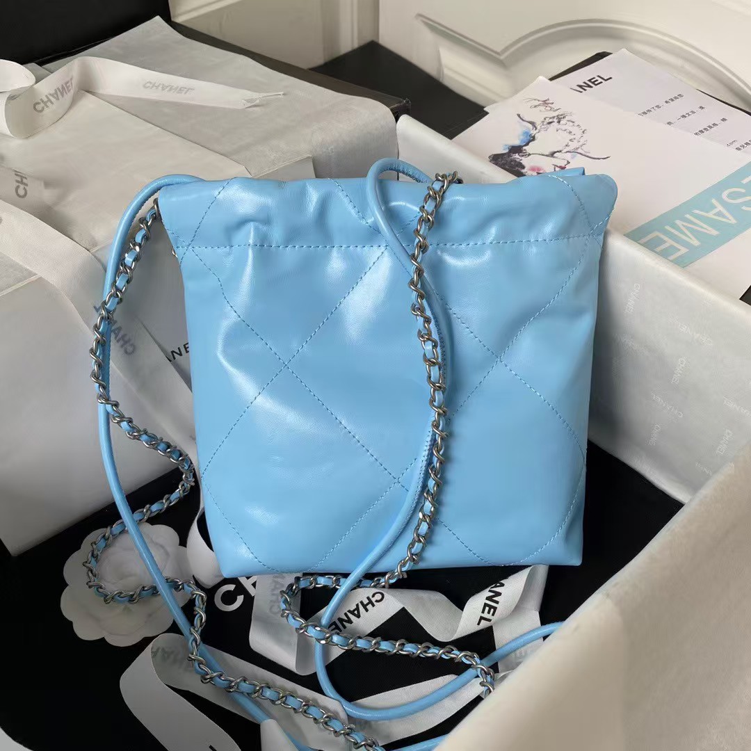 Replicate Chanel 22 AS3980 Mini Tote Shiny Calfskin   Silver-Tone Metal Sky Blue(1:1 replica)
