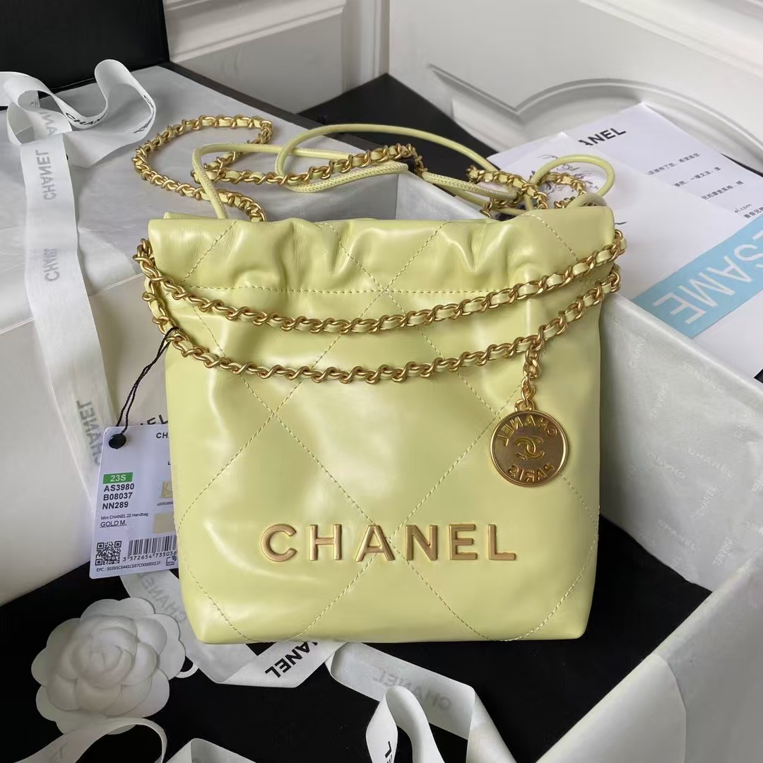 Replicate Chanel 22 AS3980 Mini Tote Shiny Calfskin   Gold-Tone Metal Yellow(1:1 replica)