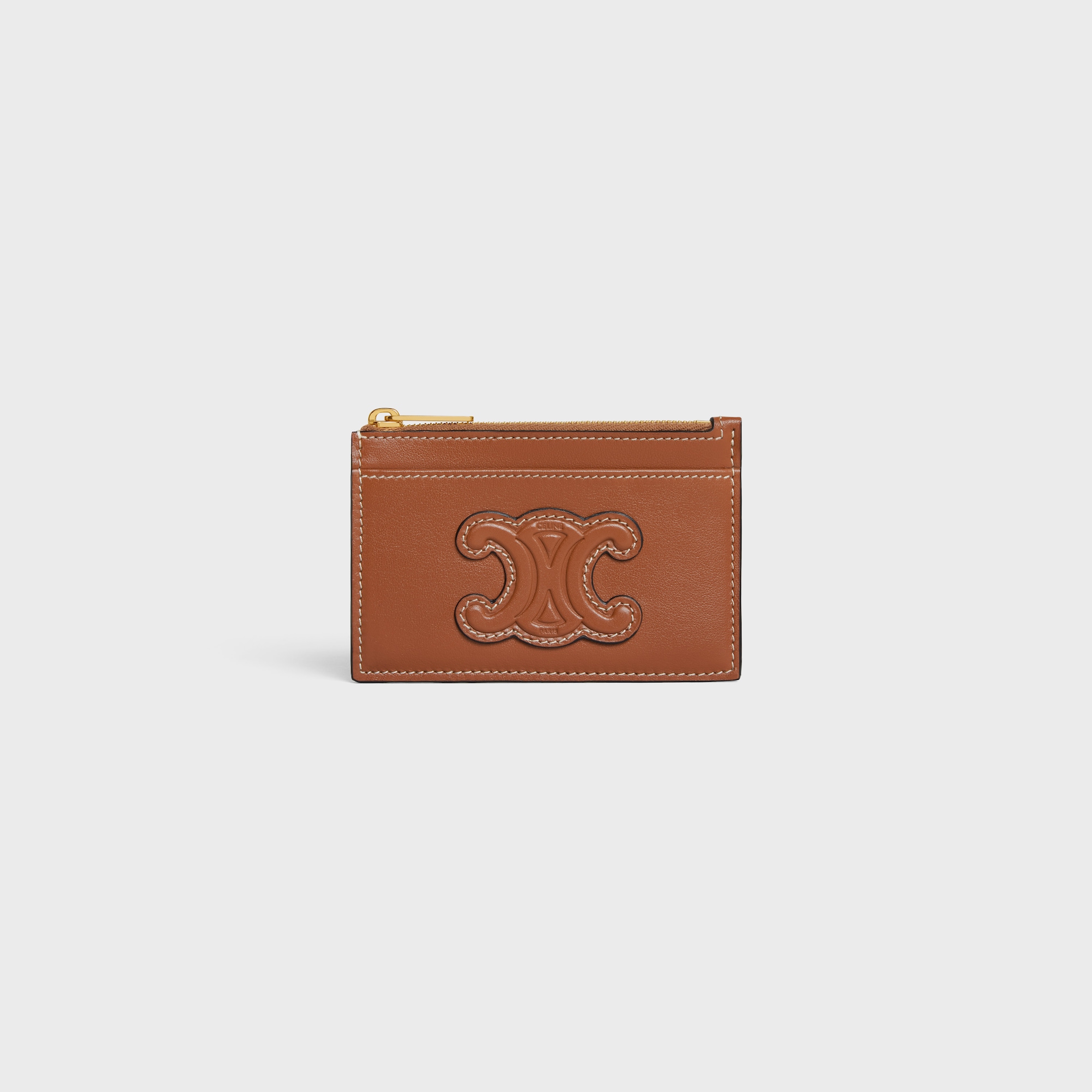 Replicate ZIPPED CARD HOLDER CUIR TRIOMPHE IN SHINY CALFSKIN TAN(1:1 replica)