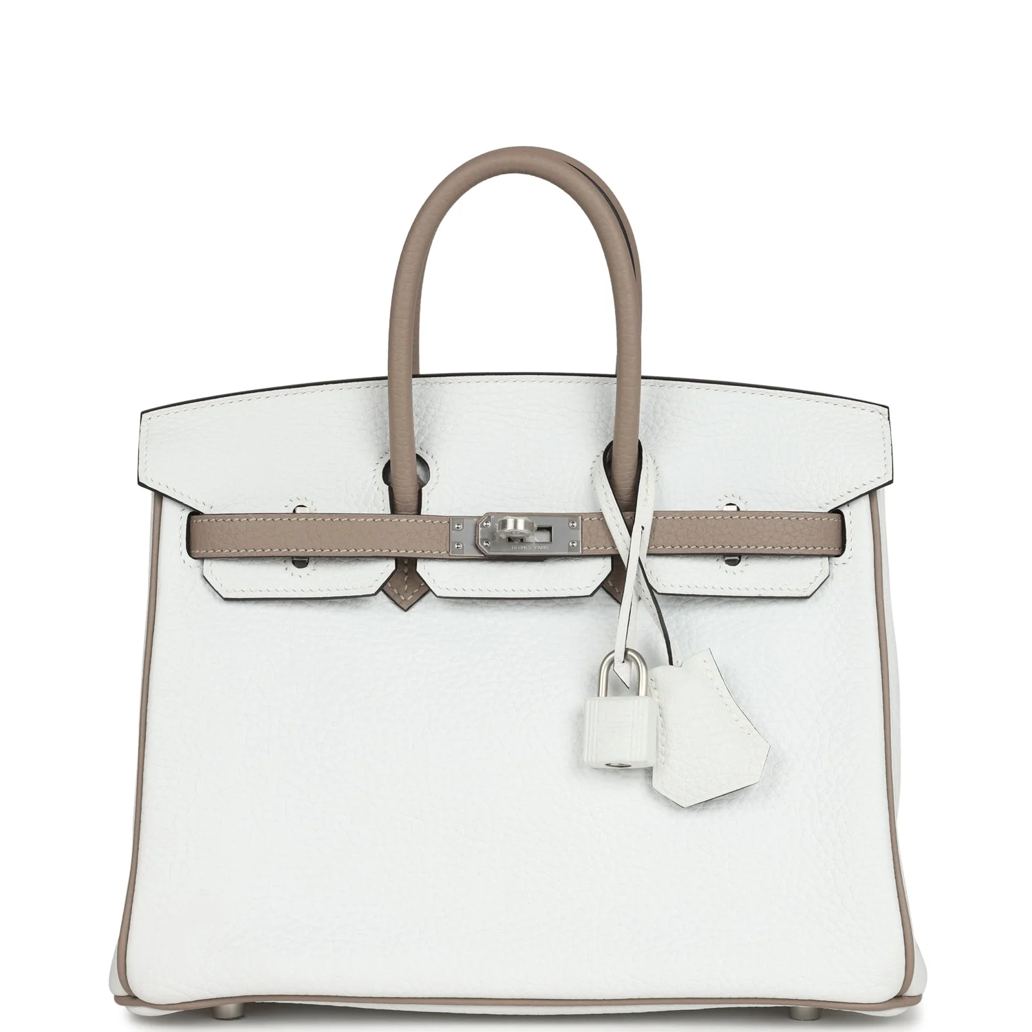 Replicate Hermes Special Order (HSS) Birkin 25 White and Etoupe Clemence Brushed Palladium Hardware(1:1 replica)