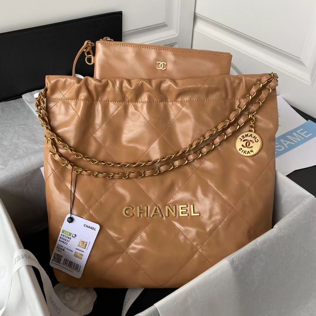 Replicate Chanel 22 AS3260 Small Bag Brown Calfskin Gold Hardware(1:1 replica)