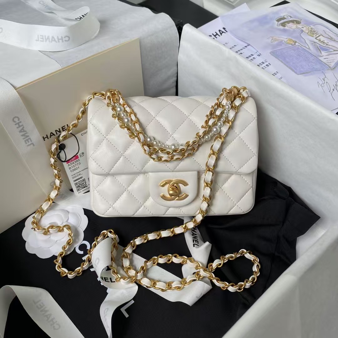 Replicate Chanel AS4385 Mini Flap Bag Pearl Lambskin Faux Pearl   Gold Metal White(1:1 replica)