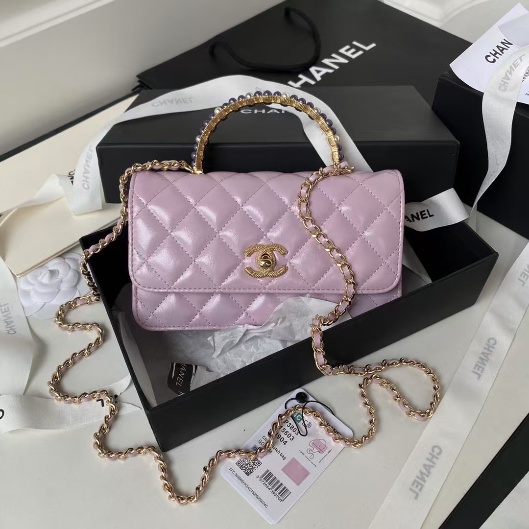 Replicate Chanel 24P AP3803 Shiny Crinkled Lambskin Chain Clutch Pearl Handle Purple(1:1 replica)