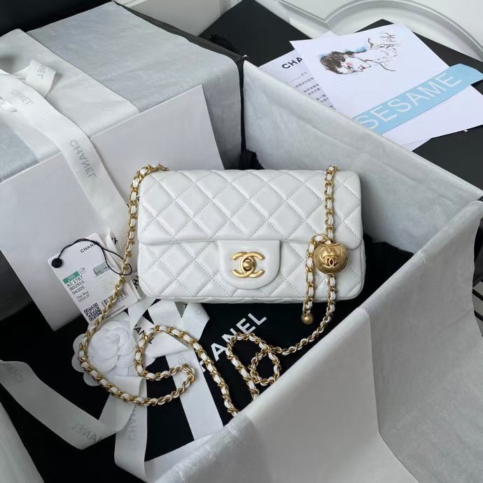 Replicate Chanel 23K AS1787 Mini Pearl Embossed Rectangular Flap Bag Lambskin Brushed Metal Hardware White(1:1 replica)