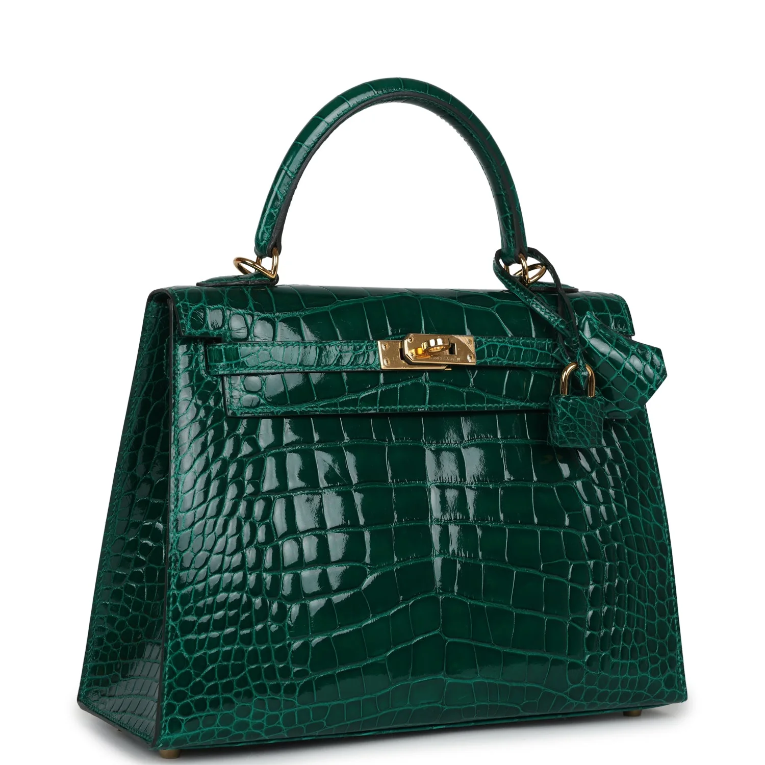 Replicate Hermes Kelly Sellier 25 Emerald Shiny Alligator Gold Hardware(1:1 replica)