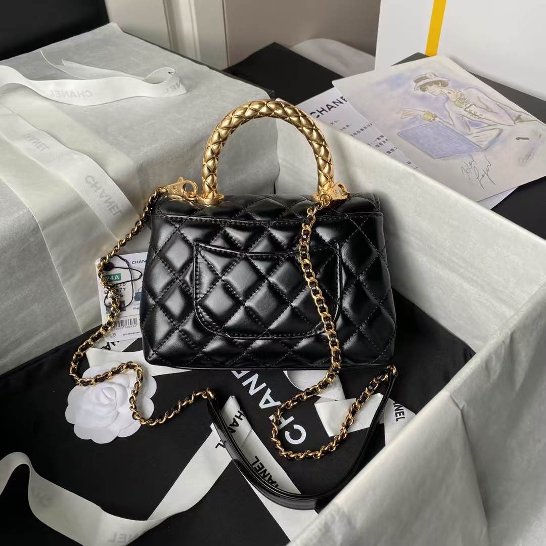 Replicate Chanel AS2215 Mini Flap Bag With Metal Top Handle Shiny Calfskin Black(1:1 replica)