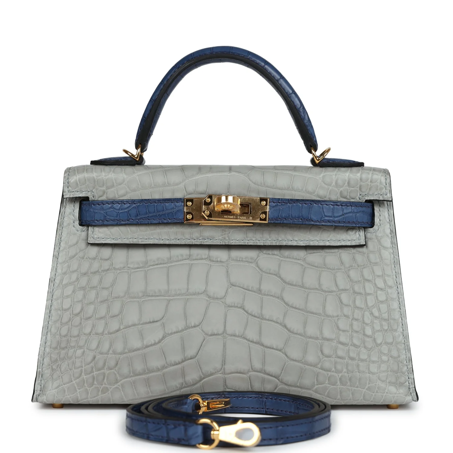 Replicate Hermes Special Order (HSS) Kelly Sellier 20 Gris Perle and Bleu de Malte Matte Alligator Gold Hardware(1:1 replica)