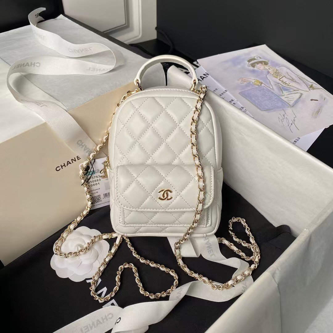 Replicate Chanel 24C AP3573 Mini Backpack Lambskin Gold Metal White(1:1 replica)