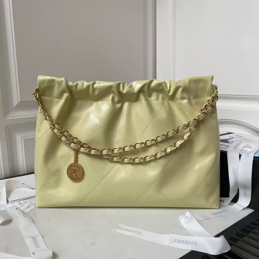 Replicate Chanel 22 Hobo Bag 24C AS4486 Gold Metallic Yellow Shiny Calfskin New Edition Horizontal(1:1 replica)