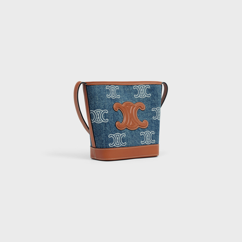 Replicate MINI BUCKET CUIR TRIOMPHE IN DENIM WITH TRIOMPHE ALL-OVER EMBROIDERY AND CALFSKIN(1:1 replica)