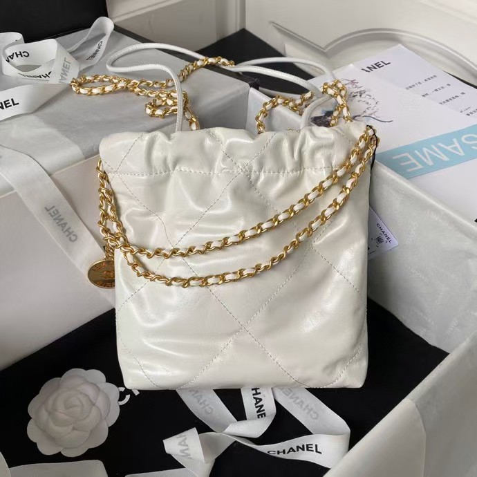 Replicate Chanel 22 AS3980 Mini Tote Shiny Calfskin   Gold-Tone Metal White(1:1 replica)