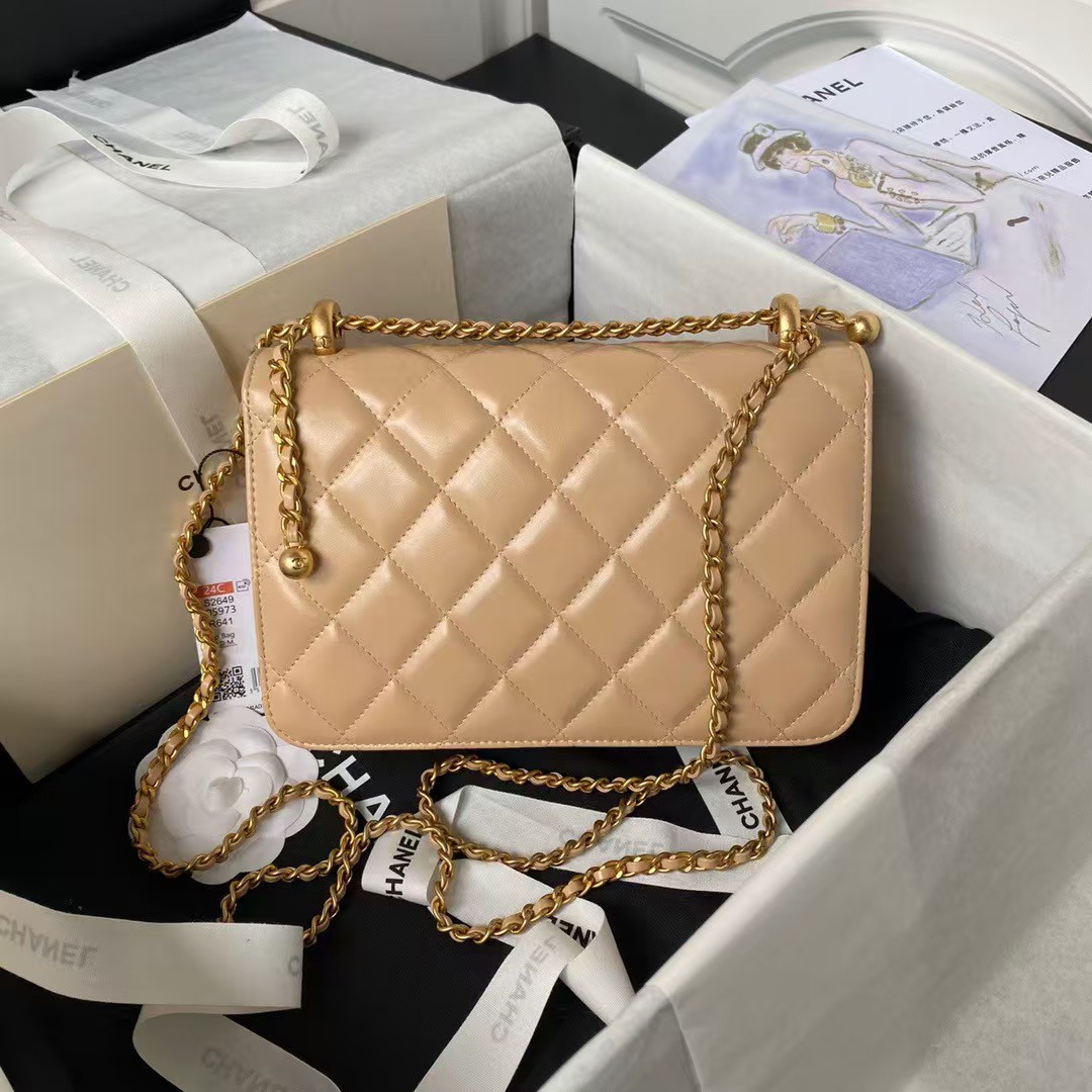 Replicate Chanel AS2649 Chain Bag With Gold Charm Small Vintage Calfskin Bag Beige(1:1 replica)