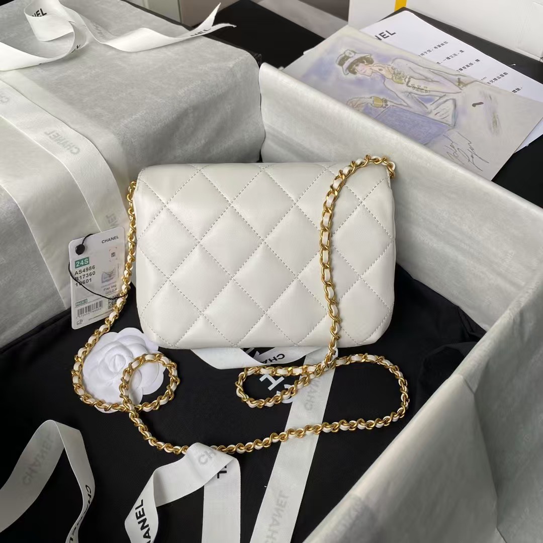 Replicate Chanel AS4986 Mini Flap bag Shiny Lambskin Imitation Pearls   Gold-Tone Metal White(1:1 replica)
