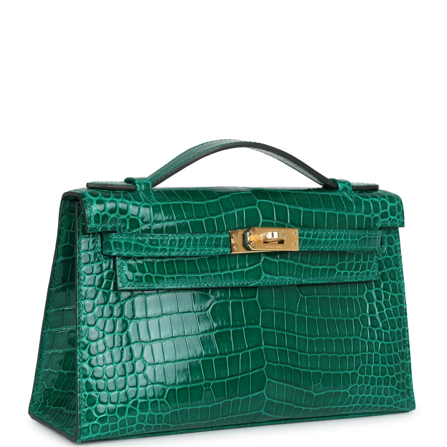 Replicate Hermes Kelly Pochette Emerald Shiny Porosus Crocodile Gold Hardware(1:1 replica)