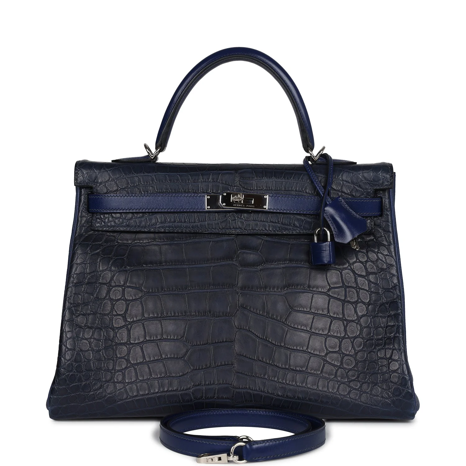 Replicate Hermes Kelly Retourne 35 Bleu Indigo Matte Alligator and Bleu Saphir Swift and Clemence Palladium Hardware(1:1 replica)