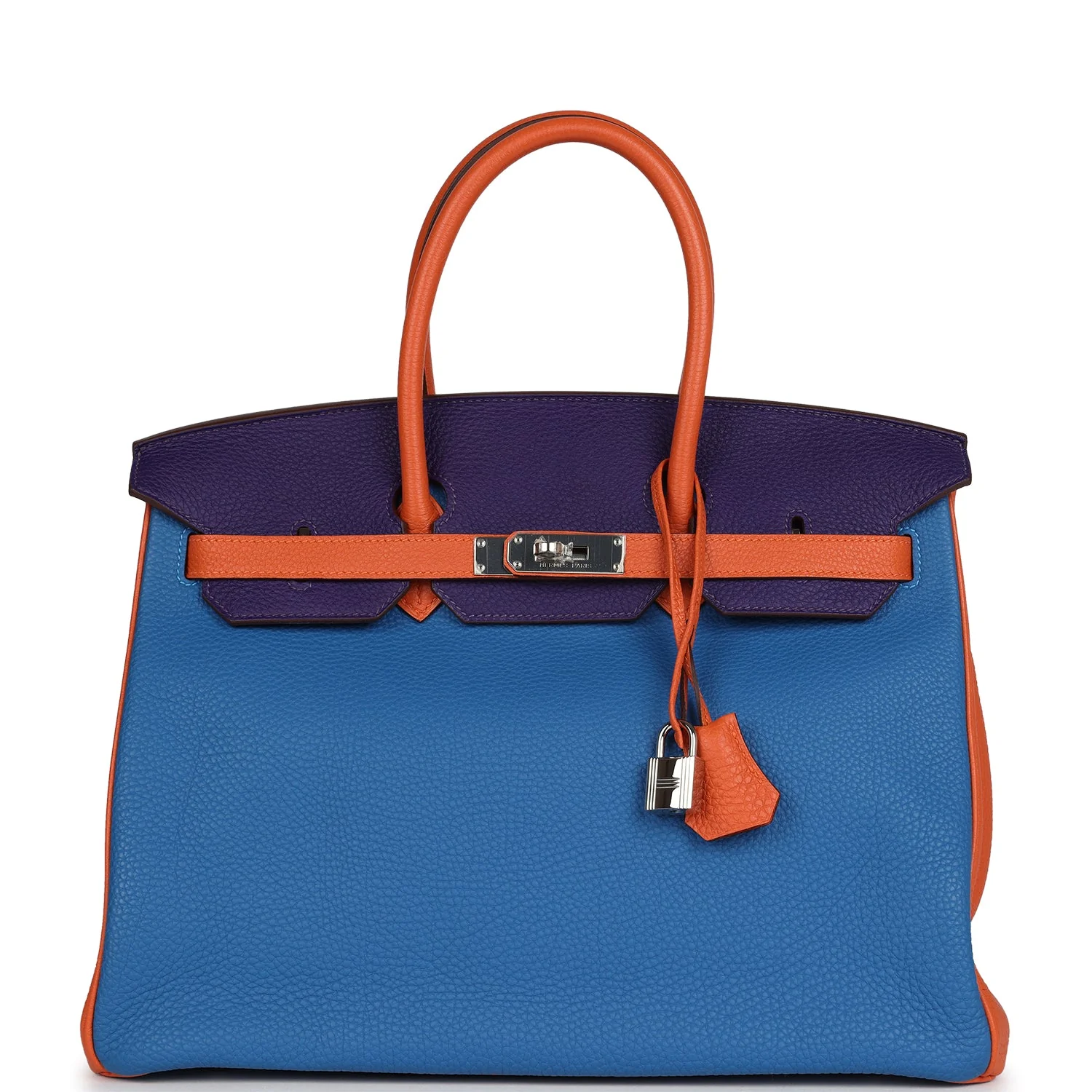 Replicate Hermes Special Order (HSS) Birkin 35 Tricolor Bleu Hydra, Ultraviolet and Orange Togo Palladium Hardware(1:1 replica)