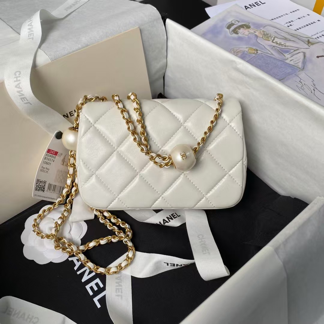 Replicate Chanel AS4868 Mini Flap Bag Pearl Lambskin Faux Pearl   Gold Metal White(1:1 replica)